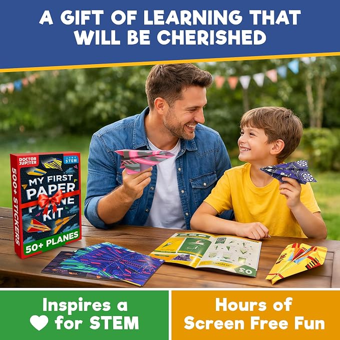 Doctor Jupiter Paper Airplane Book Kit for Kids Ages 4+, Craft Toy | Birthday Gift Ideas for Boys & Girls Ages 4,5,6,7,8,9,10, Origami Kit, STEM Learning Toy, 50+ Planes, 500+ Stickers