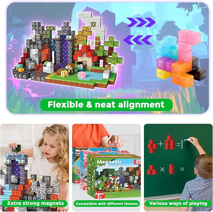 Magnetic Blocks - 500 PCS Magnetic Building Blocks Cubes, Magnet Toys for Kids Age 3+, Toy Building Set for Kids, Magnets Stacking Construction Easter Birthday Gifts for Boys Girls Age 4-8, 8-12
