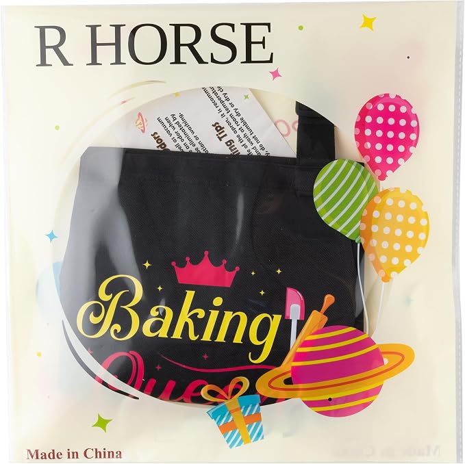 R HORSE Kid Apron and Chef Hat Set 2Pcs Adjustable Black Baking Queen Children Kitchen Apron, Dress up Role Play Chef Toy Funny Cooking Baking Painting and Training Kits for Girls Birthday Gift