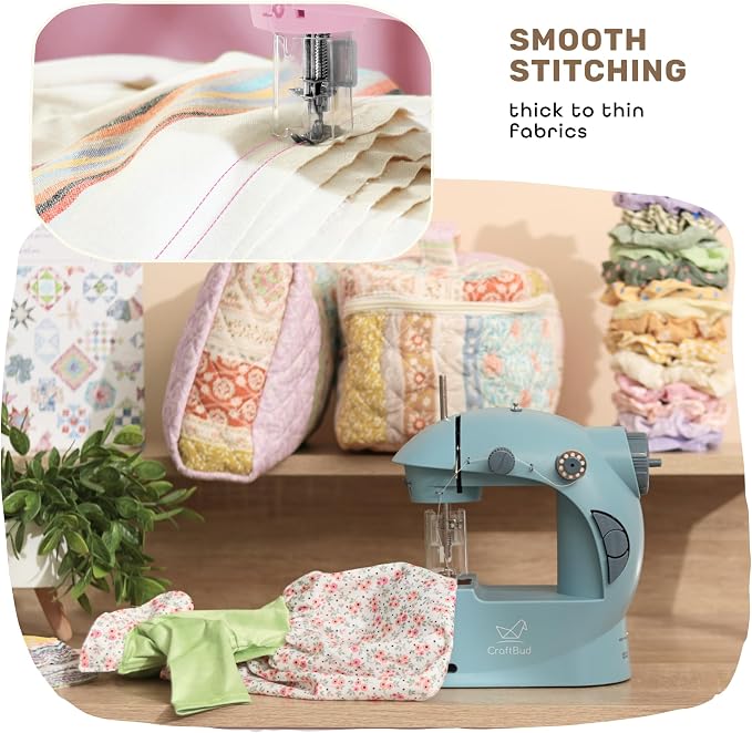 CraftBud Mini Sewing Machine for Beginners, Adults and Kids Sewing Machine | 48-Piece Sewing Kit Accessories, Portable, Dual Speed, Extension Table, Foot Pedal, Built-in Light, Guide Book & More, Blue