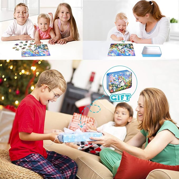 LELEMON Unicorn Puzzles for Kids Ages 4-8,60 Pieces Raibow Unicorns Cats Butterfly Jigsaw Puzzles in a Metal Box,Cute Raibow Unicornss Learning Educational Puzzles for Boys Girls