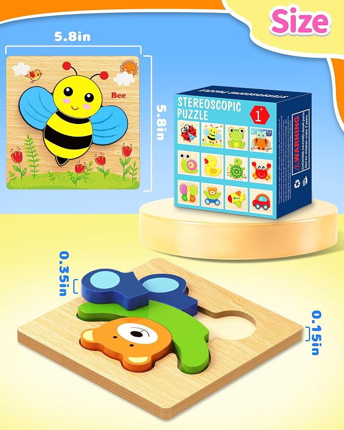 Bekayshad Wooden Puzzles for Toddlers 1-3, Montessori Toys for 1 2 Year Old | Toddler Puzzles, 1 2 Year Old Boy Girl Birthday Gifts, 6 Pack Animal Shape Jigsaw Puzzles, Learning Educational Preschool Toy