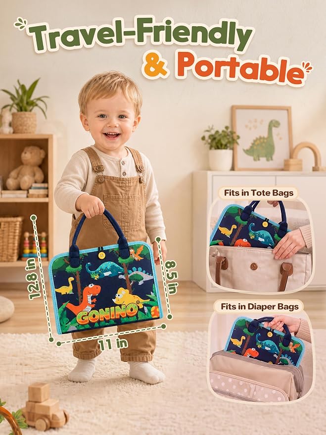 GONINO Busy Book Montessori Toys for Boys, Dinosaur Felt Busy Board | Quiet Activity Book, Preschool Learning Sensory Toys, Fine Motor Skills, Travel Toy for Airplane Car, Boys Birthday Gifts 3+