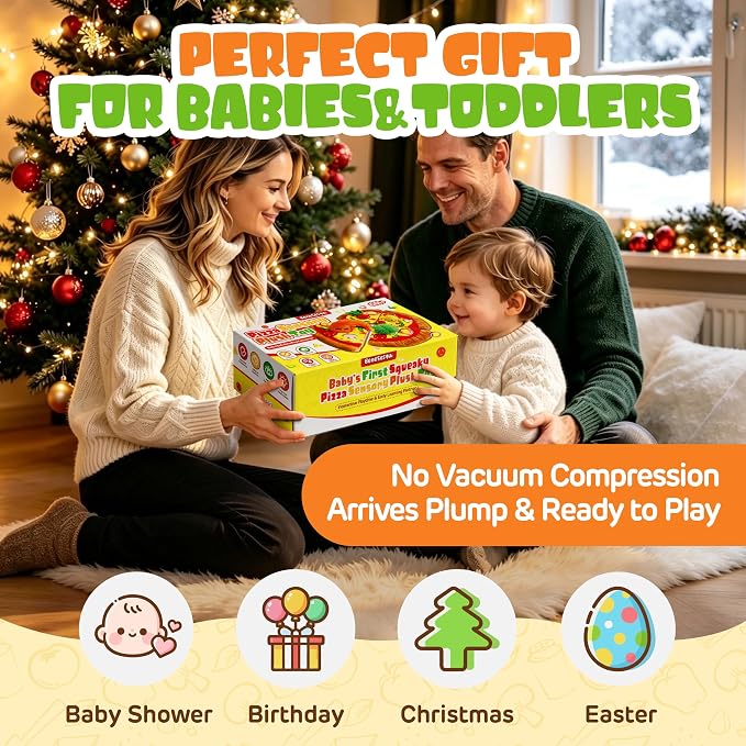 Montessori Baby Sensory Pizza Plush Toy with Peel & Stick for 6-36 Months | Crinkle Rattle Squeaker Play Food, Soft Baby-Safe Multi-Textured, STEM Fine Motor Skills, Boy Girl Baby Shower Birthday Gifts