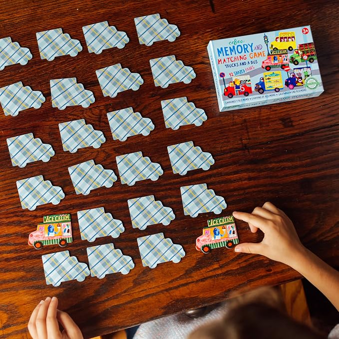 eeBoo Little Trucks and a Bus Memory & Matching Game, Ages 3+, 1-4 Players | Introduces trucks & buses. Sharpens recognition, concentration & memory skills. Includes 24 vehicle tiles, 12 pairs