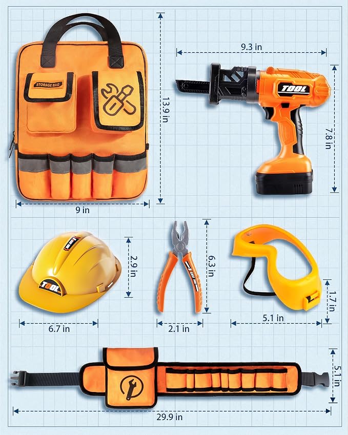Eohemeral 36Pcs Kids Tool Set with Belt & Electronic Drill | Toddler Construction Toys for Boys Girls 3-5, Sturdy Tool Bag Suitable for Outdoor Use