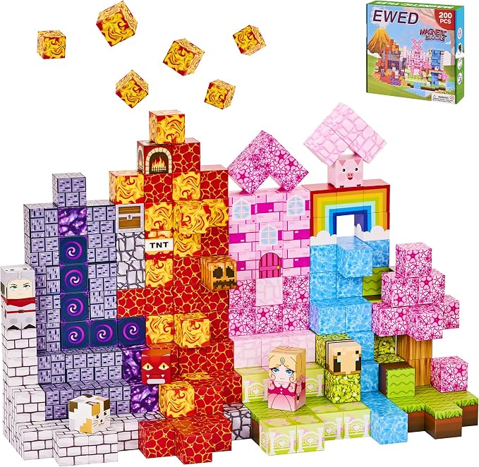 200PCS Magnetic Blocks, Magnetic Building Blocks Cubes Tiles for Kid | STEM Educational Stacking Magnets School Game Toys for Ages 3 4 5 6 7 8 9 10 11 Birthday Party Supplies Gift for Boy and Girl