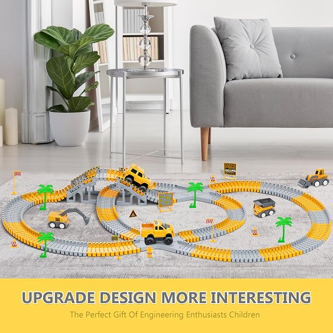 Kids Toys 253 PCS Construction Race Tracks, Create A Engineering Road Game | 5 PCS Construction Truck Cars, DIY Flexible Track Play Set, Birthday Xmas Gifts Toy for 3 4 5 6 7 8 Year Old Boys Girls