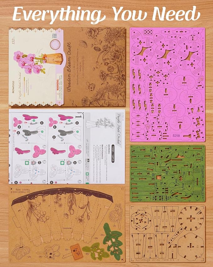 rowood 3D Wooden Puzzles for Adults,DIY Artifical Flower Botanical Collection Building Craft Kit,Mother's Day/Valentine's Day/Teacher's Day Purple Moth Orchid