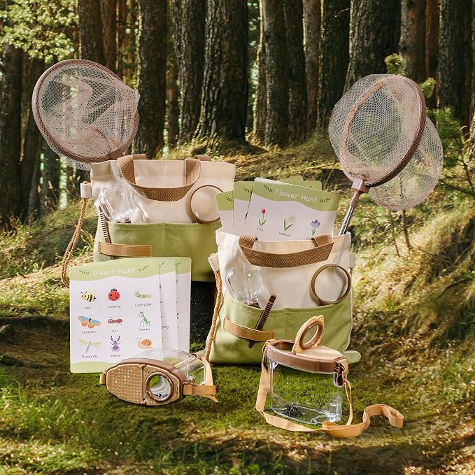 ROBOTIME 2Sets Bug Catcher for Kids, Sturdy Bug Catching Kit with Butterfly Net, Insect Box, Magnifying Glass, Tweezer, Clamp, Cards and Carry Bag, Bug Habitat Outdoor Explorer Kit for Kids 3-12