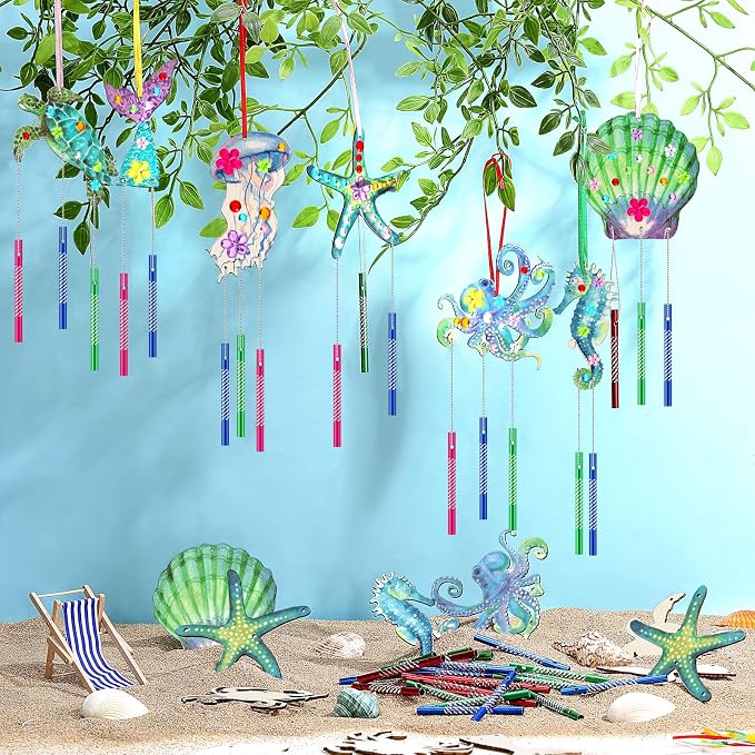 JellyArch 30 Pack Ocean Wind Chime Crafts, Sea Animals Beach DIY Wooden | Perfect for Kids Party Activities, Includes Sea Creature Designs with Shells Whale Turtle, Summer Home Decor