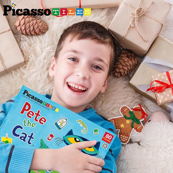 PicassoTiles Pete The Cat 80pc Magnetic Board Game Puzzle Playset Reusable Mix & Match Cartoon Toy with Storytelling, STEM Learning Activity Book and Storage Educational Kids Toys for Ages 3+ PTC02