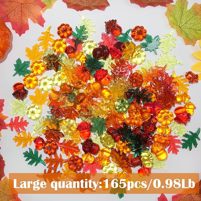 HADDIY Fall Vase Filler 165pcs Pumpkin Mini Leaves Gems Sensory Bin Fillers | autumn Acrylic Acorn for craft Thanksgiving Table Scatters,Centerpieces Table Decorations,Counting,bow and jar fillers