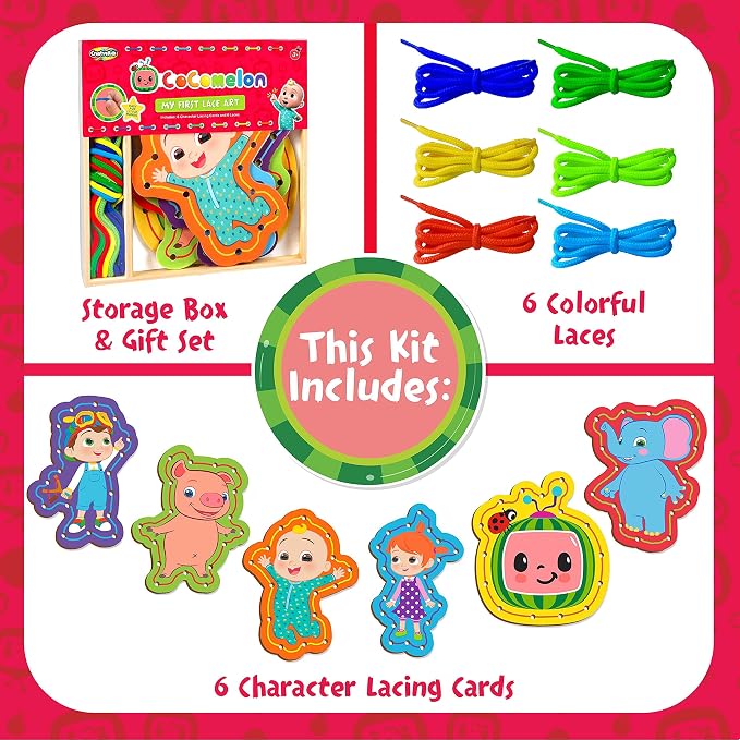 Cocomelon My First Lace Art- Wooden Cocomelon Tracing Activity- 6 Characters & 6 Laces Included- Fine Motor Development Toy for Toddlers & Preschoolers- Reusable Craft Kit-Gift for Boys Girls 3+