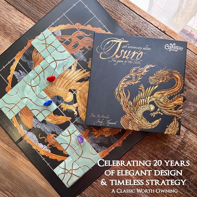 Tsuro 20th Anniversary Edition, Award Winning Tile Laying Strategy Game | Enhanced Path Tiles, 8 Upgraded Dragon Pawns, Exclusive Storage Bag, 15 - 30 Minutes, For 2-8 Players Ages 8+
