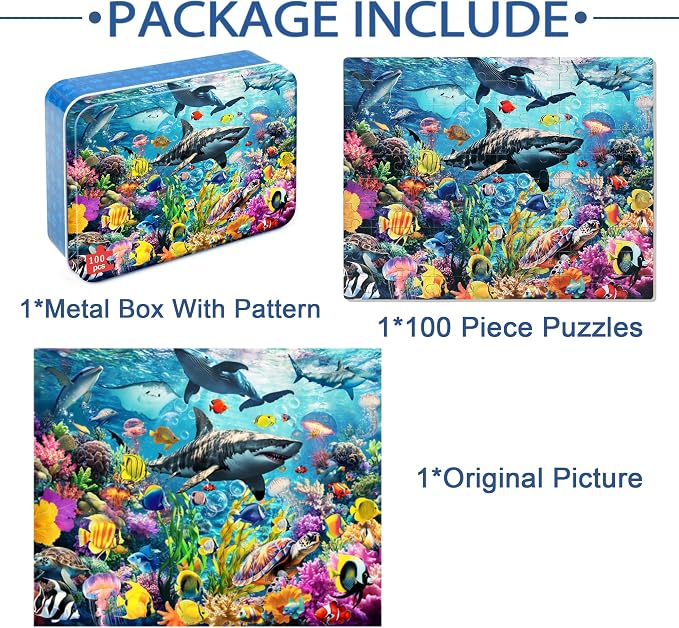 LELEMON Puzzles for Kids Ages 4-6,100 Piece Puzzles for Kids in Metal Box | Educational Underwater World Jigsaw Puzzles Kids Puzzles,100 Piece Puzzle Games Puzzle Toys for Girls and Boys