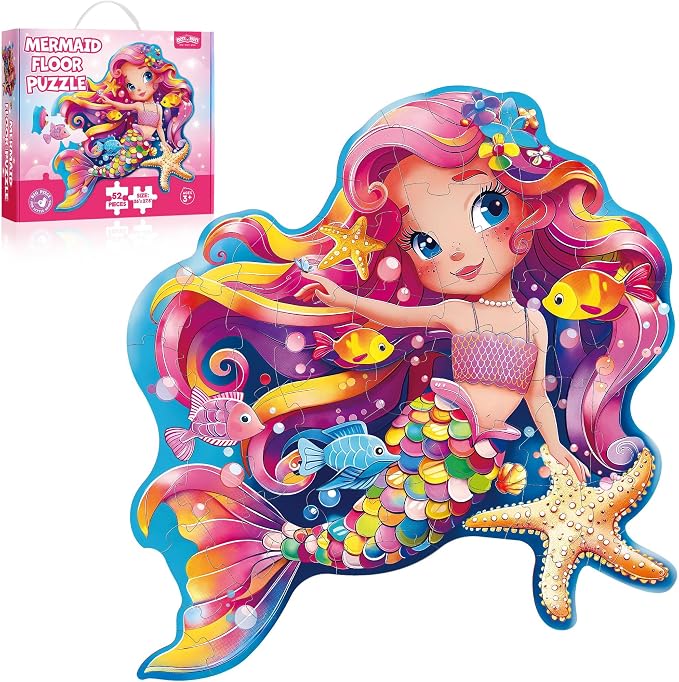 BenBen Floor Puzzle for Kids Ages 3-8, Mermaid Shaped Large Piece Puzzles | 52 Pieces Extra-Thick Jumbo Jigsaw Puzzle for Toddlers Ages 4-6, Preschool Educational Toys with Storage Box for Girls Boys