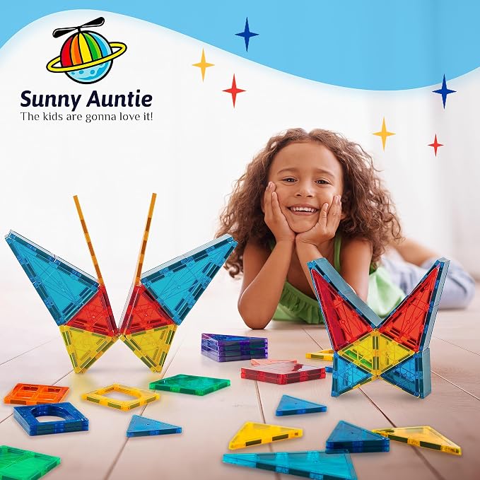 SUNNY AUNTIE Magnetic Tiles STEM Toys Building Set, Ages 3+ - 180 Pieces | Magnetic Tiles Building Toys, STEM Toys, Magnetic Blocks Construction Set, with 2 Cars & Guide Booklet for Kids Ages 3+