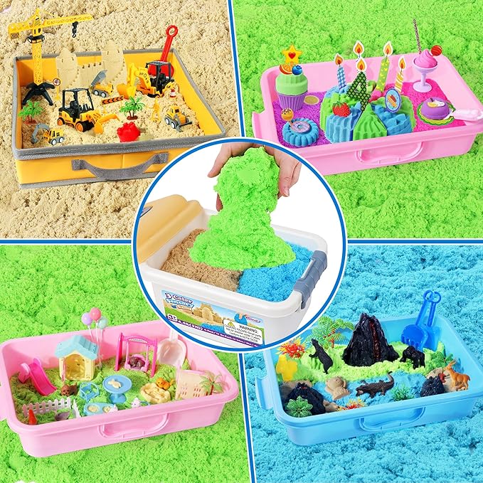 Billeeit. 4.4 lbs Play Sand w/Storage Sand Box for Kids 3+ | 4-Pack(2 Yellow, 1 Blue, 1 Green) Self-Sticking Sensory Sand with Storage Box for Shaping Molding Sensory Bin Refill
