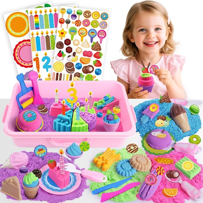 Billeeit. Cake & Ice Cream Sensory Bin Sand Toy, Fun Gift for Kids Girls 3+ | Sand Kit Sensory Toys w/lid and 4 Color Moldable Sensory Play Sand 2.2lbs, Molds, Tools Set 43pcs Total for Toddlers