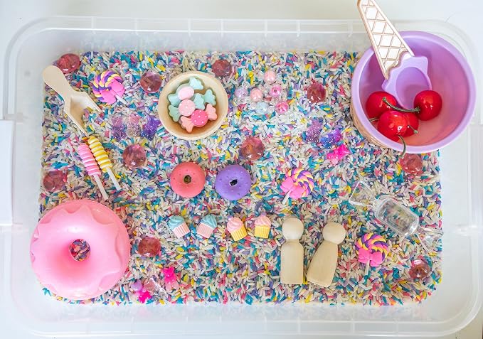 Sweets Shop Sensory Bin Kit for Kids | Bright Rainbow Rice, Candy Erasers, Donut Containers & Wooden Tools – Includes Clear Storage Bin