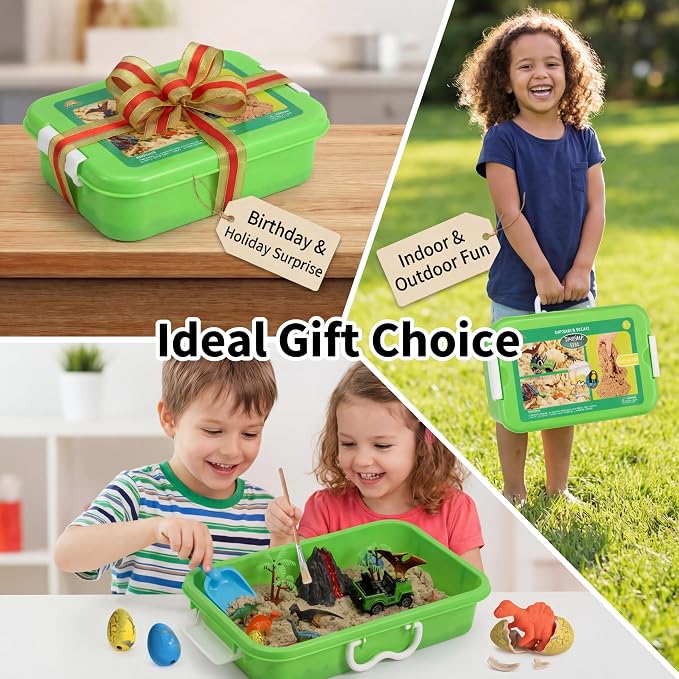 AGENTLAN Dinosaur Sensory Bin with Sensory Sand, Gifts for Boys Ages 3-8 | dinosaur dig sand box with dinosaurs, volcano, and tools, indoor and outdoor activity, toddler dinosaur toys