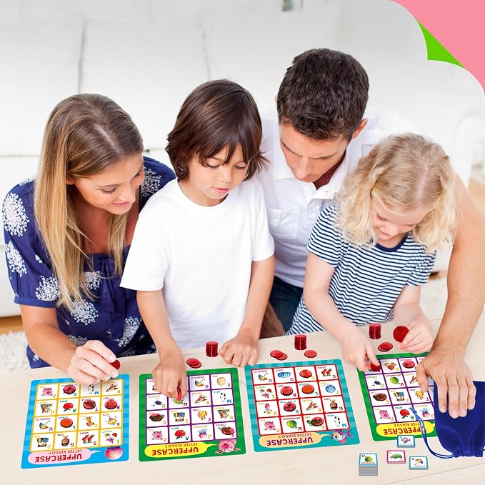 SpriteGru Alphabet Bingo Game, Uppercase/Lowercase/First Words Bingo Educational ABC Letter Learning Board Game for Kindergarten and Preschool Kids Aged 4+, Perfect for Classroom & At Home