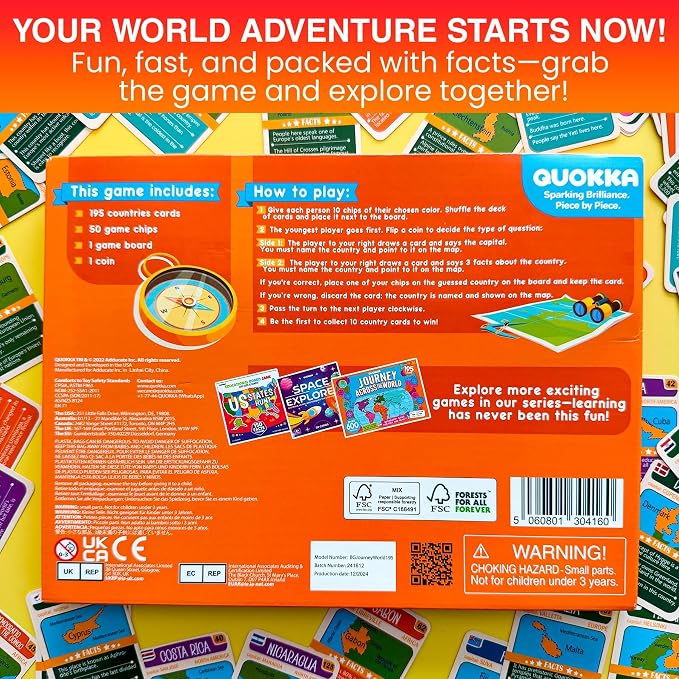 Quokka Board Games for Kids 8-12 - Family Games for Kids and Adults - Journey Across the World Card Game Ages 5-9 - Learn Capitals, Flags, Facts, and Map Locations with 195 World Map Cards