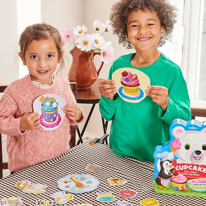 eeBoo: Cupcake Shaped Spinner Game - Animal & Baking Themed Game for Kids, Spin to Collect Ingredients, Preschool, Ages 3+, 2-4 Players