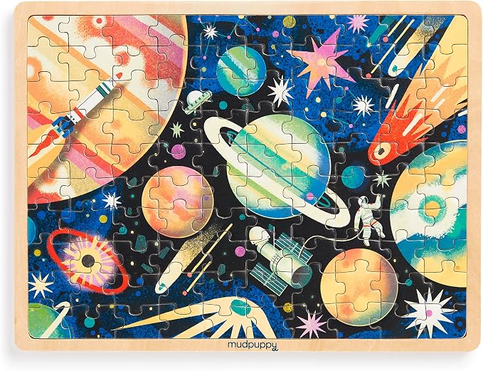 Mudpuppy Space Mission 100 Piece Wooden Puzzle for Kids, Ages 5+ | Outerspace Theme, Bright and Bold Illustrations, Sturdy Pieces, Display Stand Included, Room Décor