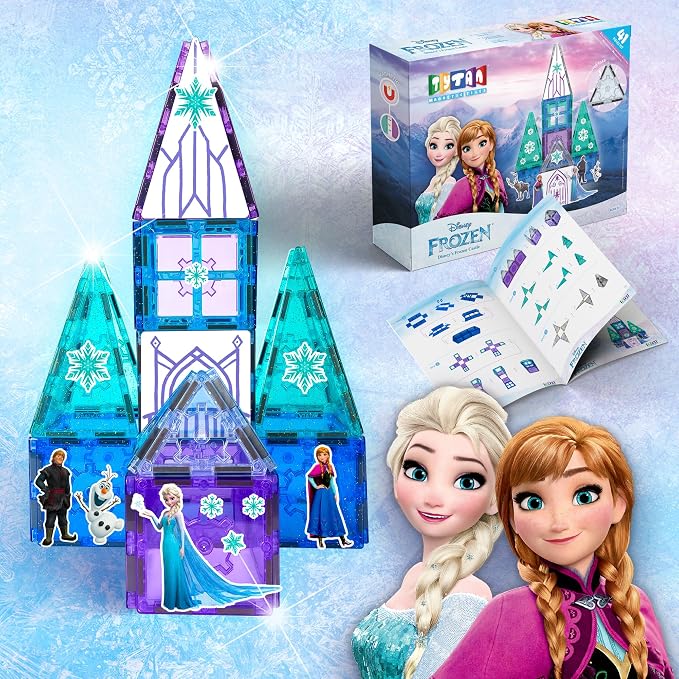 Tytan Toys Disney Frozen Magnetic Tiles Princess Castle - 41-Piece STEAM Building Set with Glitter Tiles & Elsa, Anna, Olaf Stickers - Educational Frozen Toys for Girls Age 3-4+