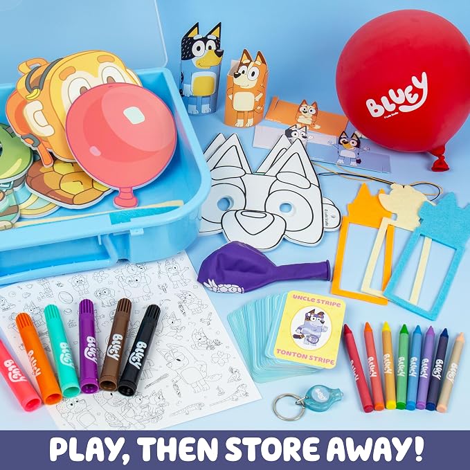 Bluey Imagination Case, 15 Games & Activities, Travel-Friendly Playset With Markers, Crayons, Balloons, Puppets & Games for 3 Year Olds, Fun Bluey Toys & Toddler Games, Party Decorations