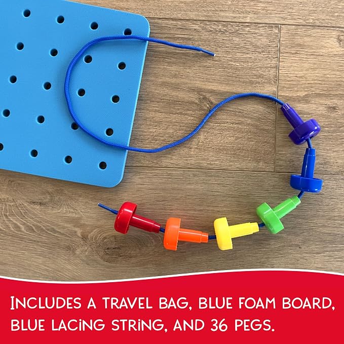 Foam Peg Board Toy - 36 Pegs, Foam Board, Lacing String, Storage Bag - Occupational Therapy Toys - Fine Motor Skills Toys for Toddlers and Kids (Blue)
