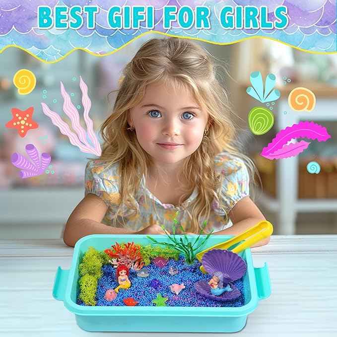 Carolart Mermaid Sensory Bin for Girls, Mermaid Toys, Ocean Sensory Kit | storage bin activity set with sensory foam beasds, ocean sensory gifts for toddlers ages 3-8