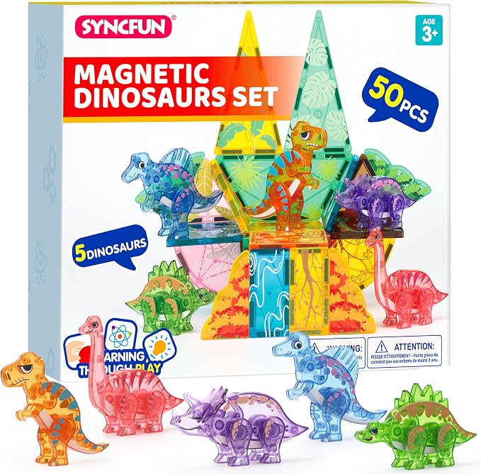 SYNCFUN Magnetic Building Tiles Dinosaur Set for Kids, 50PCS Including 5 Cute Dinosaurs, Educational STEM Toy for Boys & Girls Ages 3-5 4-8, Christmas Birthday Party Gift