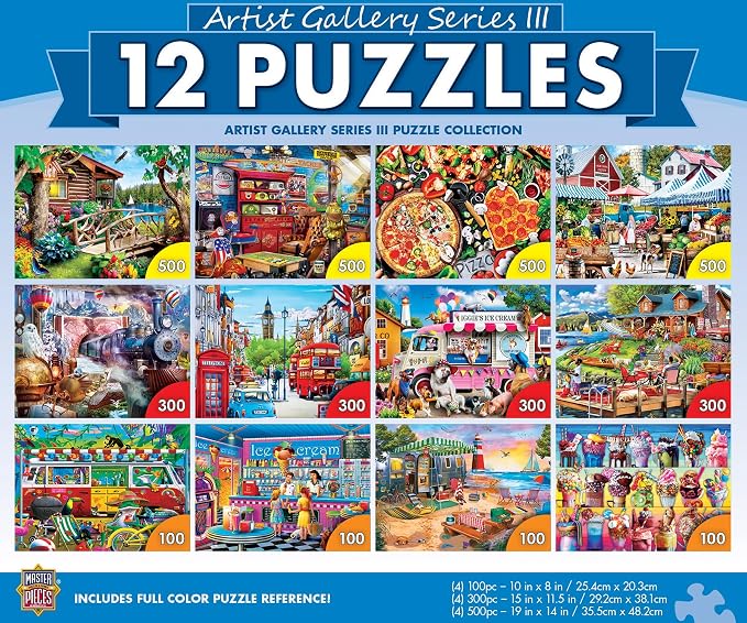 MasterPieces – Jigsaw Puzzle 12-Pack Bundle Set, Fun for Adults and Family, Artist Gallery Collection, (4) Round 100 Piece, (4) 300 Piece, (4) 500 Piece