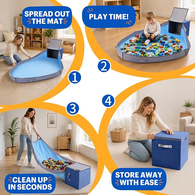 SAM AND MABEL Toy Storage Organizer with Play Mat for Kids – 13" x 13" x 13" Storage Box, Stackable and Foldable Cubby Baskets for Playroom, Nursery Bins for Boys and Girls (Noble Blue)