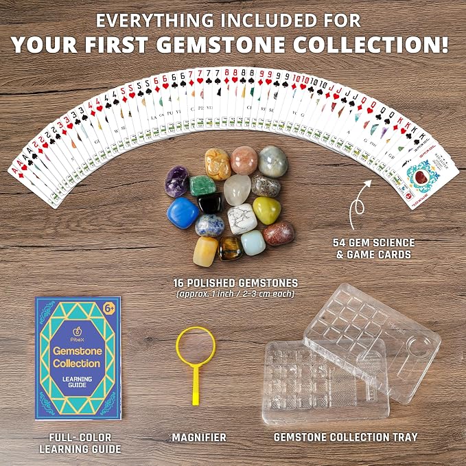 PIBEX Gemstone Collection Kit, 16 Gems & Crystals, Approx. 1-Inch / 2-3 cm | 16 Polished Gems, Amethyst to Opal & Moonstone, Game Cards, Learning Guide, Display Box, STEM Geology Gift for Kids Ages 6+