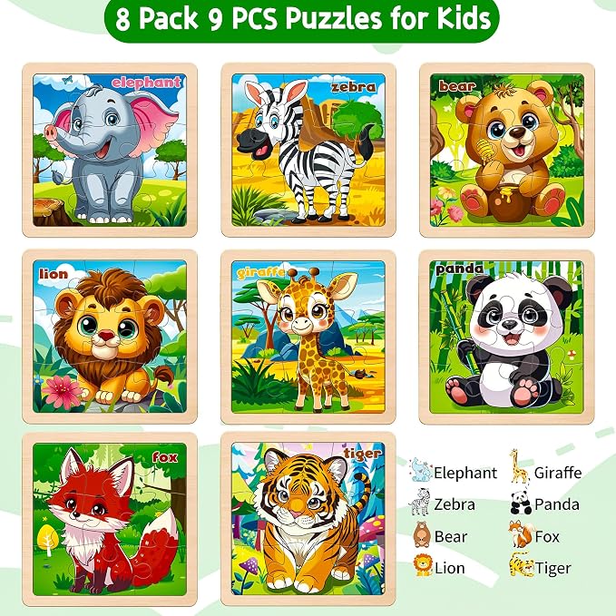 Wooden Animals Puzzles for Toddlers, 8 Pack 9 PCS Jigsaw Puzzles for Kids | Wooden Puzzles for Toddlers 3-5, Animal Puzzles for Kids 3-5, Preschool Puzzles Learning Educational Sets Toys