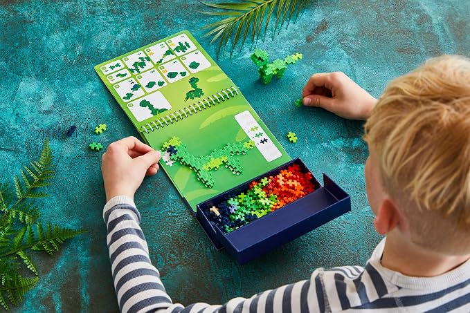 PLUS PLUS Puzzle By Number Activity Pad, Dinosaurs | Airplane Activities & Roadtrip Essentials for Kids, Interlocking Mini Building Blocks, 2D 3D Puzzle Stem Toy