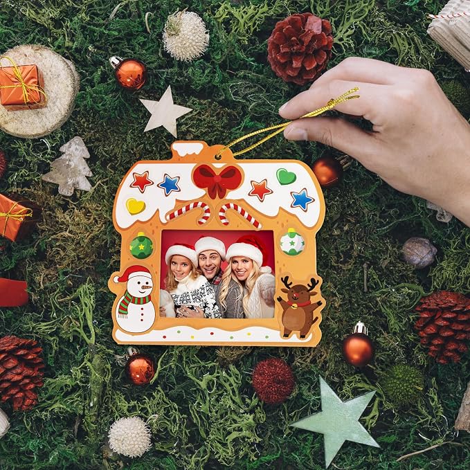 28 Pack Christmas Picture Frame Craft Kits for Kids, Xmas DIY Gingerbread House Candy Photo Craft Christmas Hanging Frame Ornaments for Xmas Tree Holiday Art Decorations Home Class Game Activities