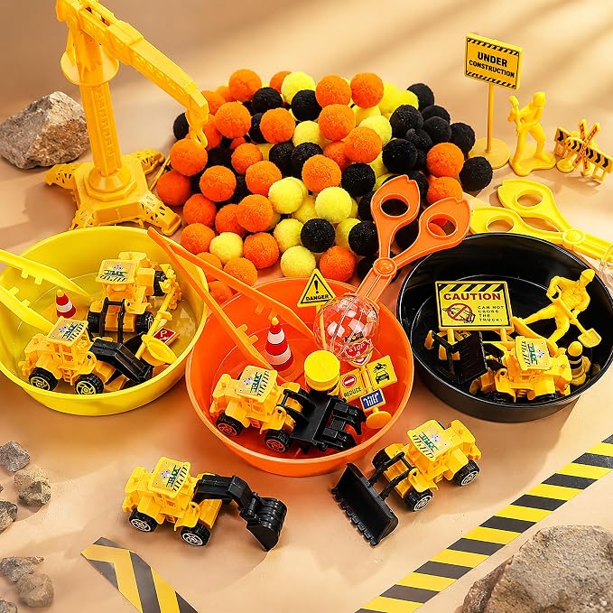 144PCS Construction Sorting and Counting Materials Set, Activity Set, Fine Motor Manipulatives with Vehicle and Road Sign Pieces for Classroom, Home & Travel Use(Construction)