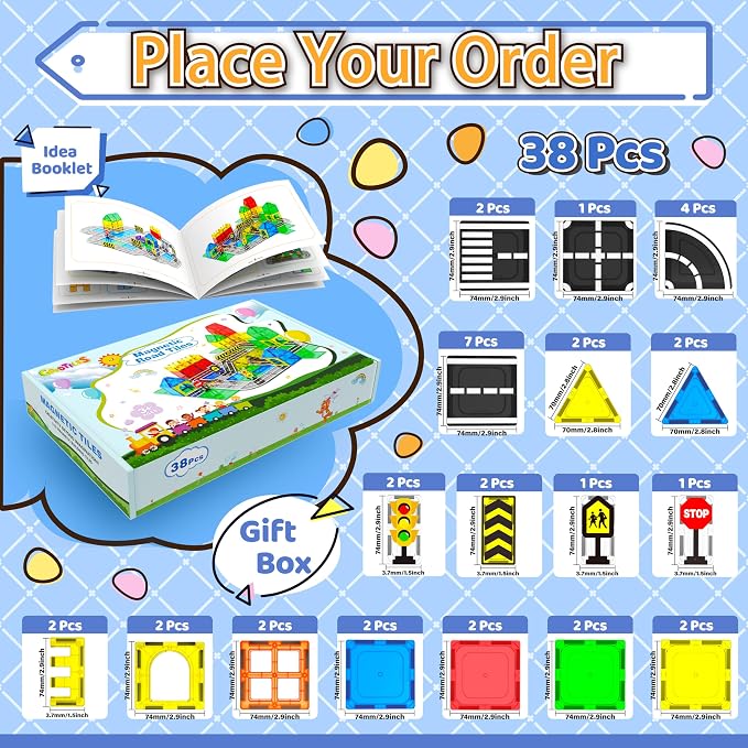 Magnetic Tiles - Road Set, Magnetic Building Blocks, Preschool Montessori Toys Gift for 3+ Year Old Boys and Girls, Sensory Christmas Toys for Kids Aged 3-5 and 4-8, Ideas for Kid with Autism