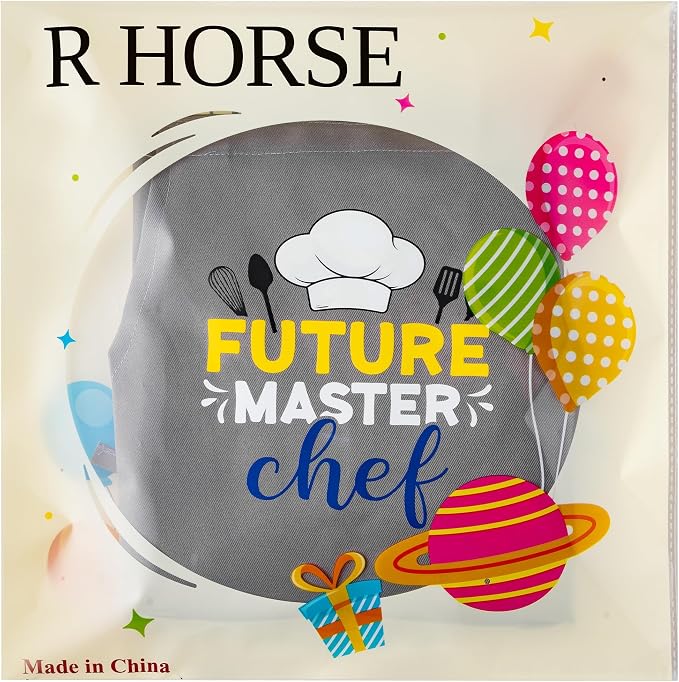 R HORSE 2 Pieces Kid Apron and Chef Hat Set, Dress up Role Play Chef Toy | Gray Future Master Chef Adjustable Children Kitchen Apron Set, Ideal for Cooking, Baking, Painting, Cooking Birthday Gift