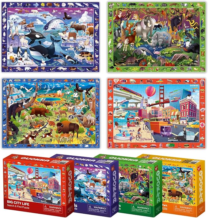 Jigsaw Puzzles for Kids Ages 4-6 - 4 x 60 Piece Kids Puzzles Ages 5-8 | Search and Find Puzzles for Kids Ages 6-8 - Toddlers Puzzles Ages 3-5 Year Old - Forest, Polar, Usa Park and City Animal