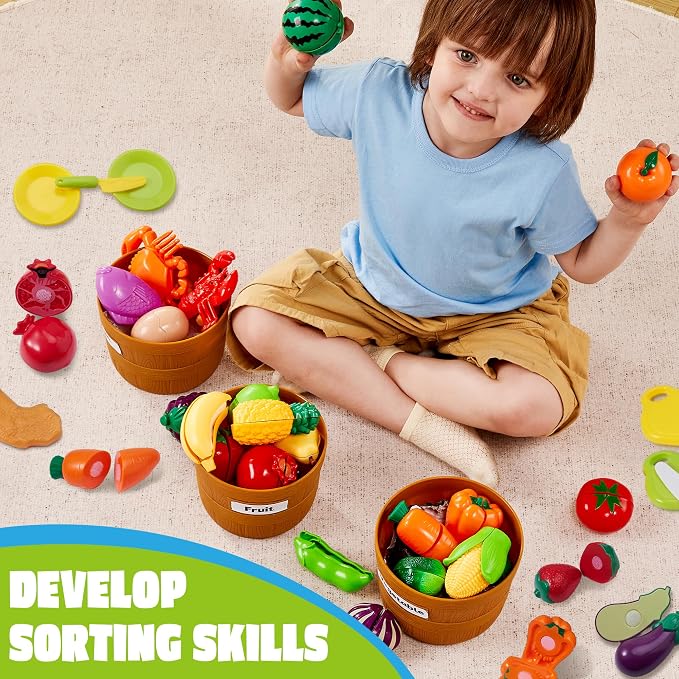 JOYIN Learning Toys Play Food Set for Kids, Cutting Food for Preschool Activities, Play Kitchen Accessories, Educational Toys, Color Sorting Set for Boys & Girls, Back to School Gifts for Kids