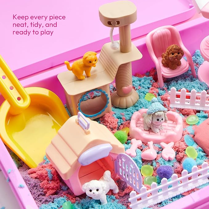 JOVA Klever Kits Cute Pet Sensory Bin for Kids with Glow in The Dark Stones, Sandbox with Lid Dual-Color Sand, Preschool Learning Activities Gifts for Boys Girls Age 3+