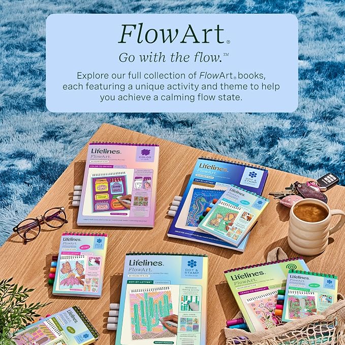 Lifelines FlowArt Mini Activity Pads, 3-Pack, Dot-by-Letter Coloring Books | 15 Markers & 60 Scenes - Guided Art Meditations for Tweens, Adults & Seniors - Dot-by-Letter - Patent-Pending