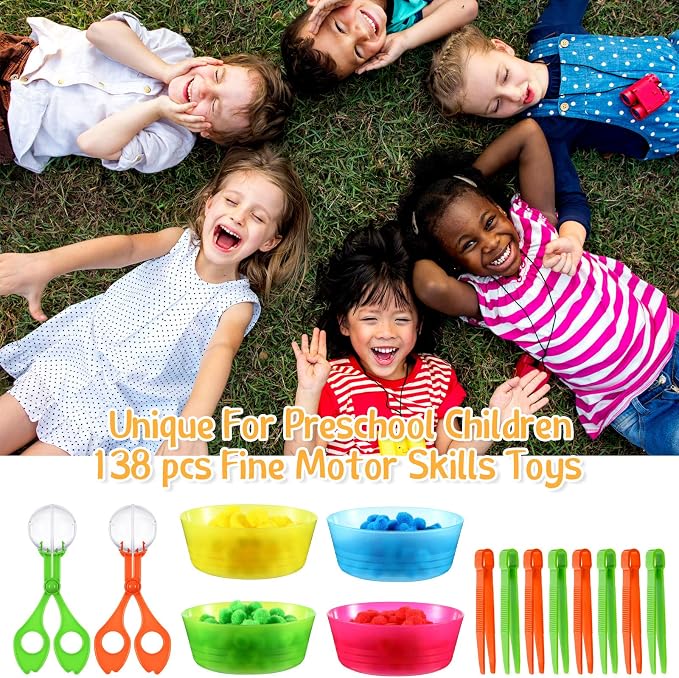 138 Pcs Fine Motor Skills Toys for Early Sensory Education Color Sorting Matching Counting Training, for Ages over 3 Including 8 Sorting Bowls 2 Scissors Clip 8 Tweezers and 120 Colorful Plush Balls