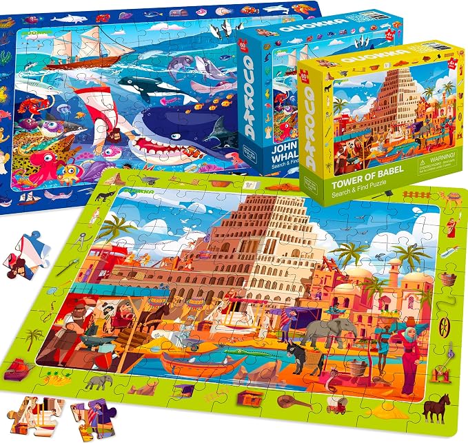 60 Piece Puzzles for Kids Ages 6-8 - 4 Jigsaw Bible Kids Puzzles Ages 4-6 | Christian Religious Puzzles for Kids Ages 8-10 - Noah's Ark Toy - Tower of Babel - Garden of Eden - Educational Children Gift